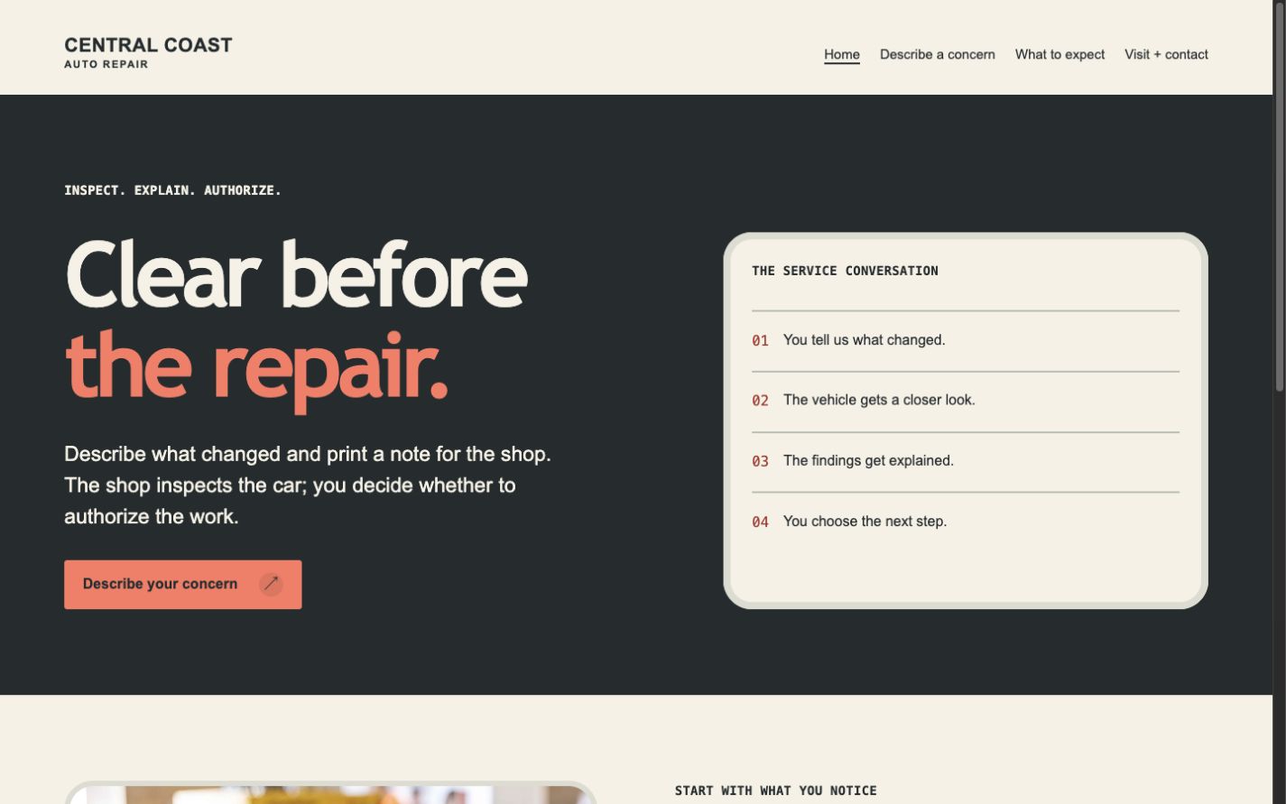 Central Coast Auto Repair concept website homepage