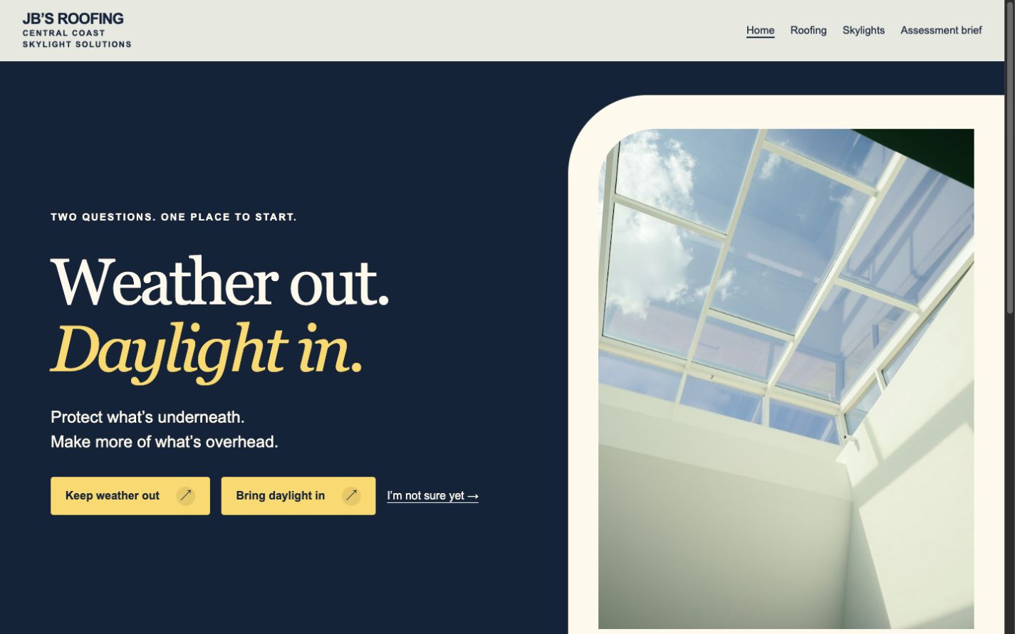 JB’s Roofing concept website homepage